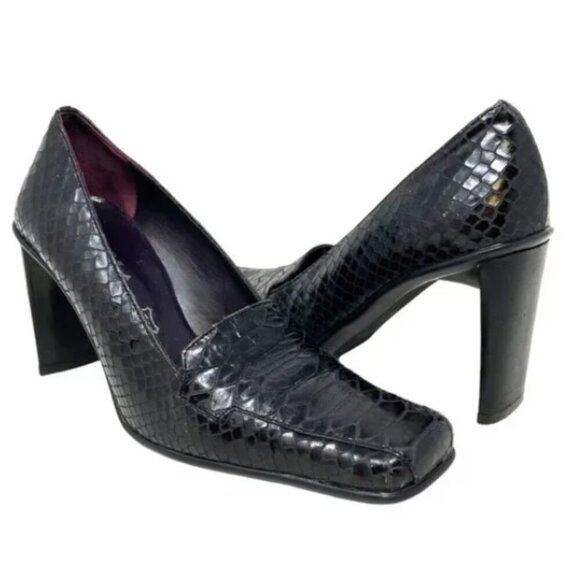 Gama Crocodile Embossed Italian Black Leather Square Toe Pumps - Size 6.5 - Picture 1 of 6